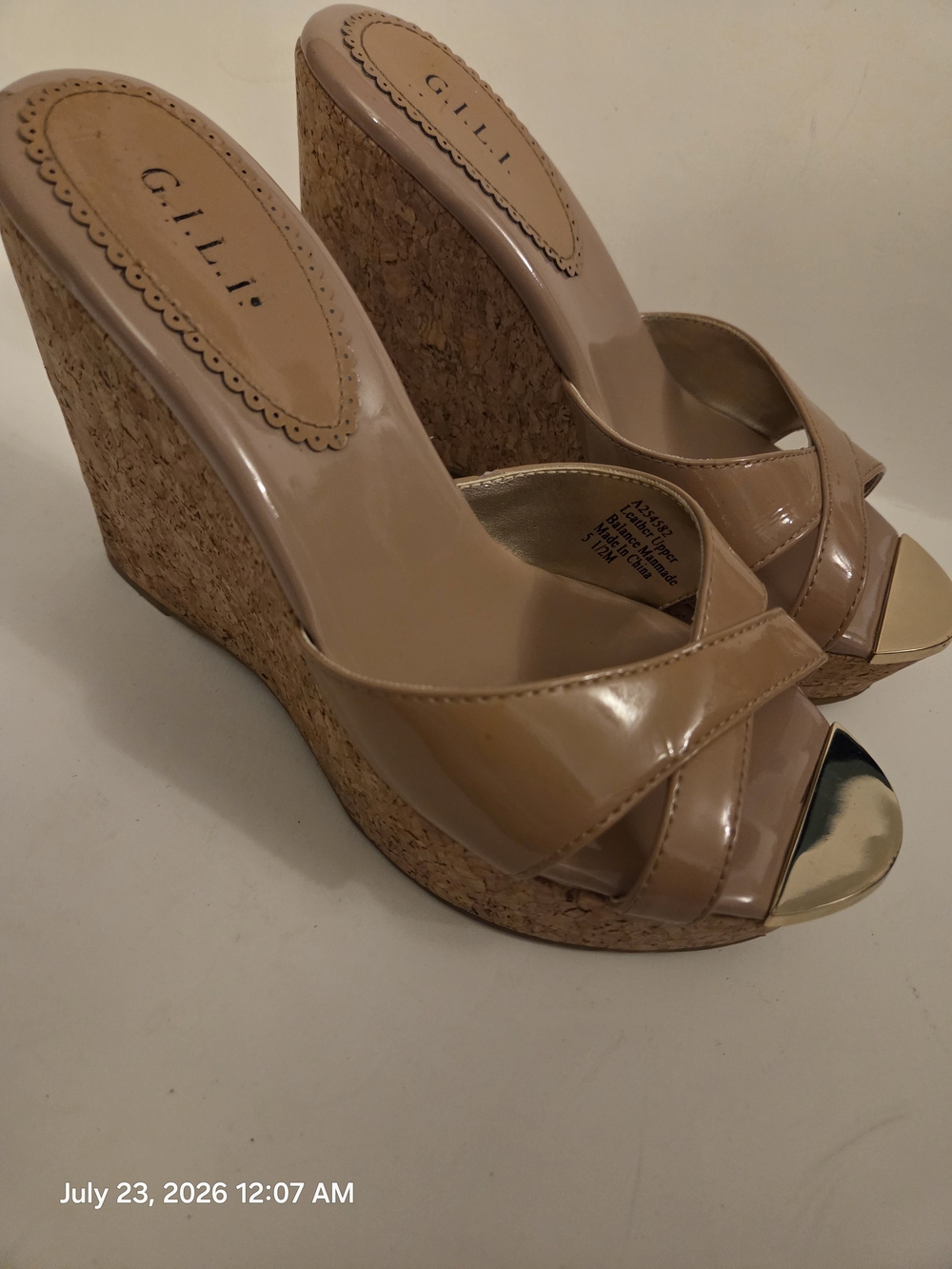 G.I.L.I. Patent Nude Tan Cork Peep-Toe Wedge Sandals